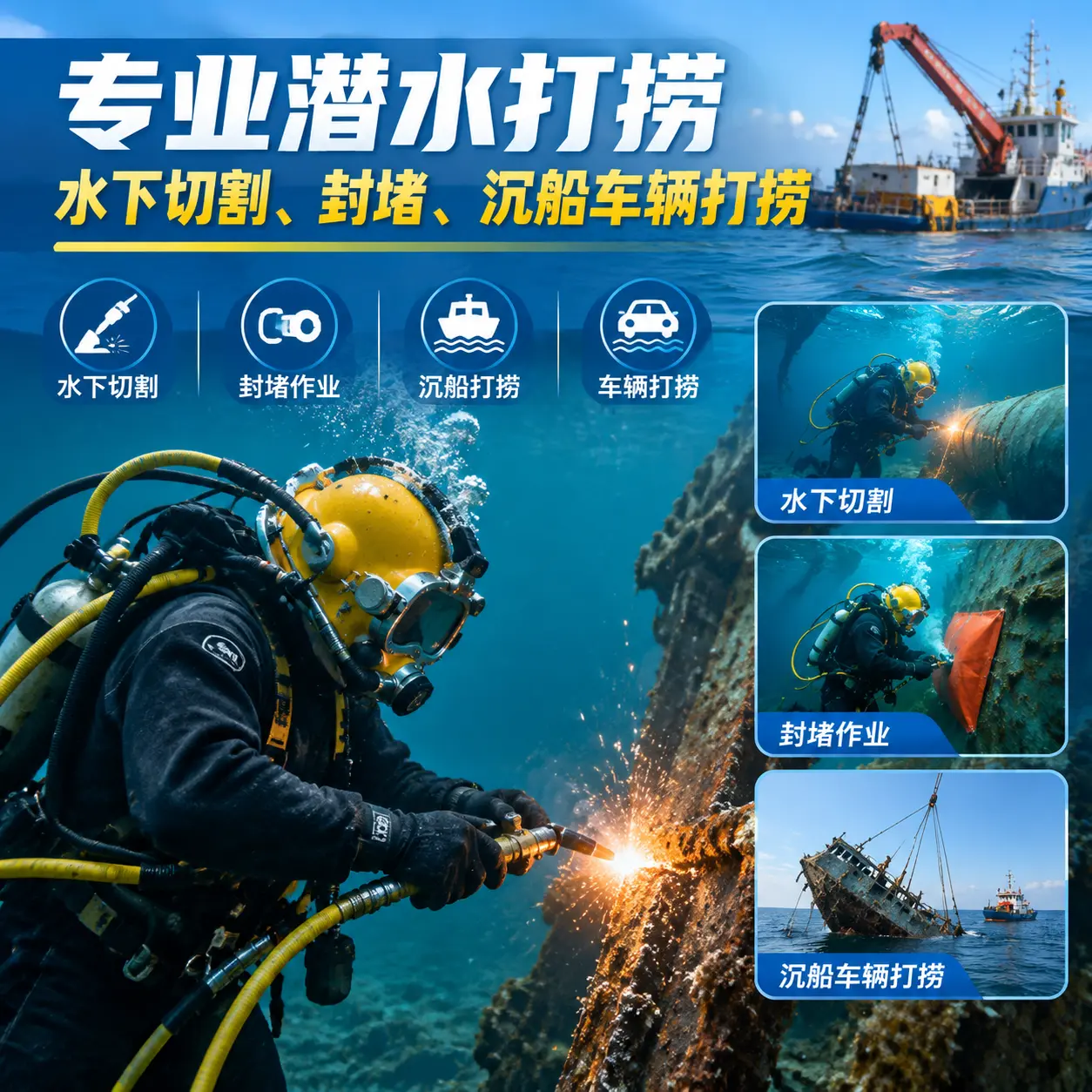 专业潜水打捞｜水下切割、封堵、沉船车辆打捞保亭